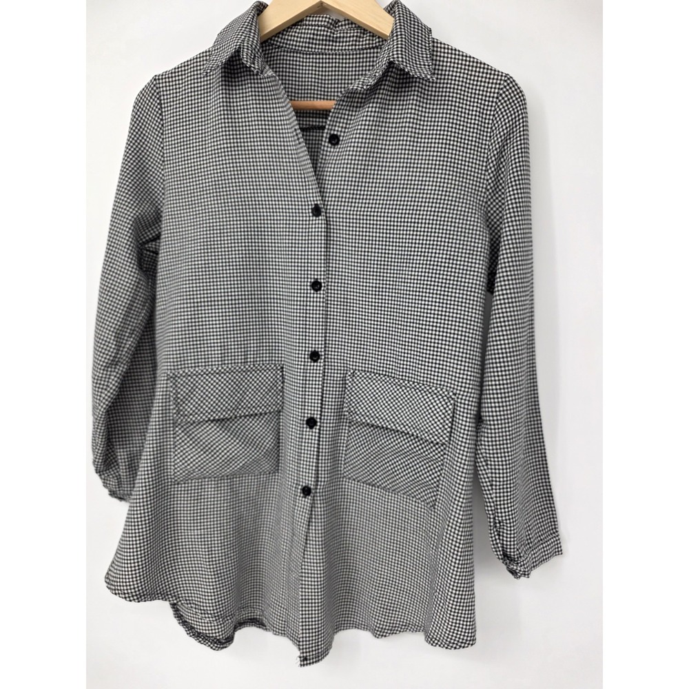 Women's Long Sleeve Gingham Button Down Tunic Top Grunge XS